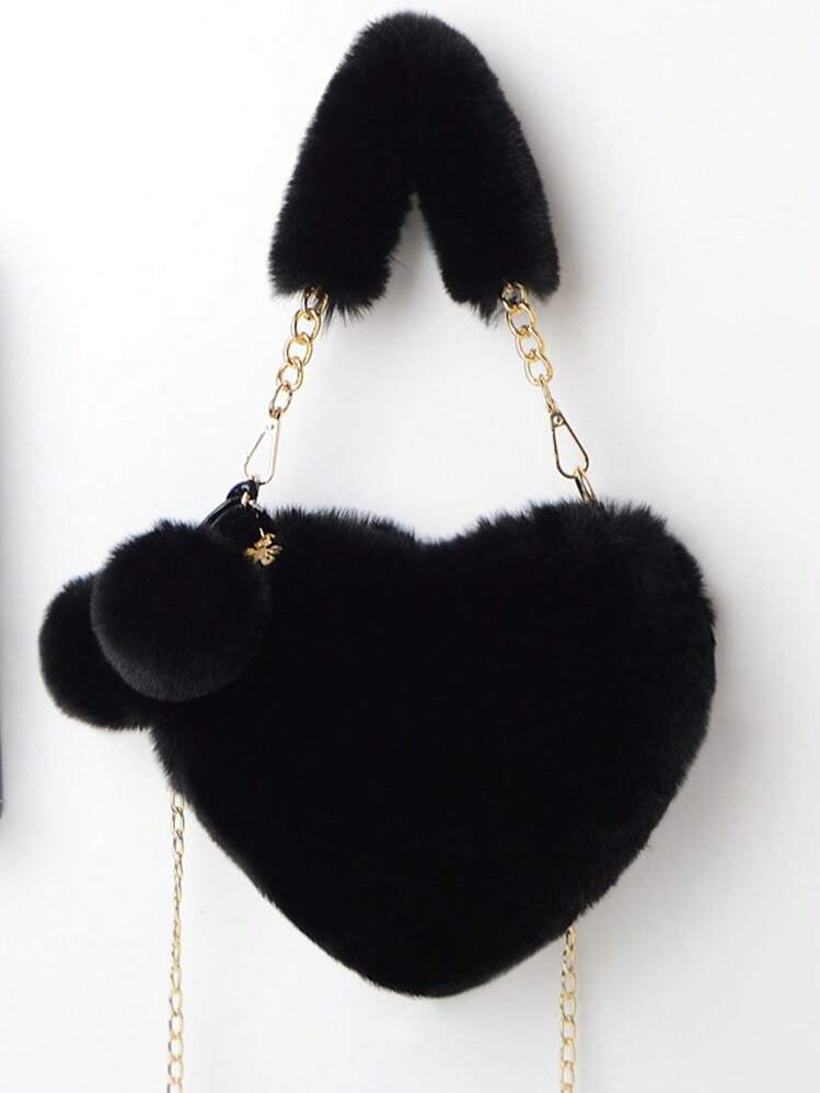 FURRY HEART SHAPE PURSE W FLUFFY CHAIN STRAP