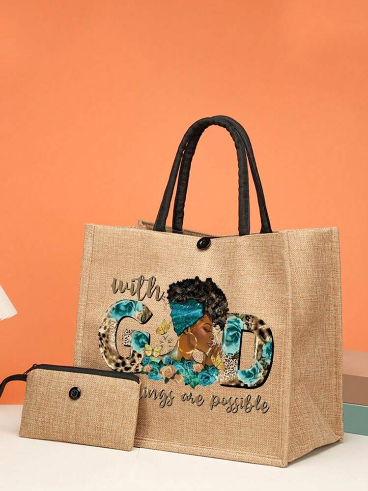 2 PIECE KHAKI BURLAP TOTE (WITH GOD ALL THINGS ARE POSSIBLE) BAG