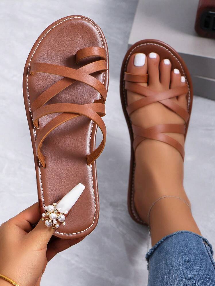 WOMEN SUMMER FLAT CROSS STRAP SLIP-ON TOE SANDALS