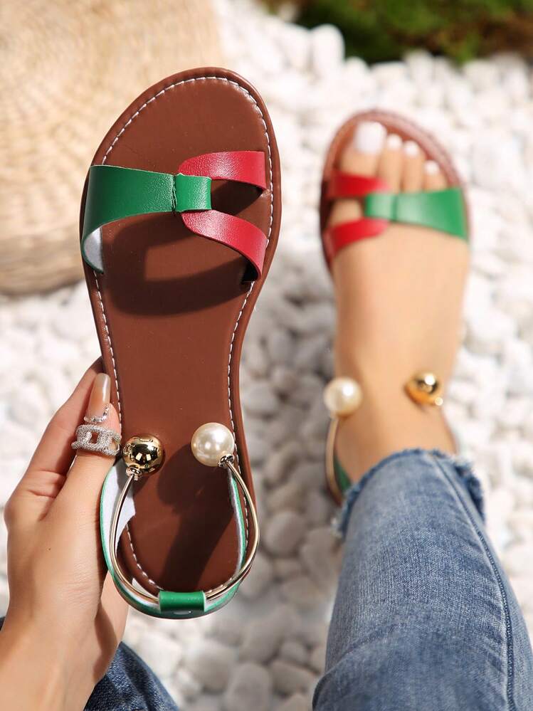 COLOR BLOCK BEADED RED & GREEN WOMEN’S SANDALS