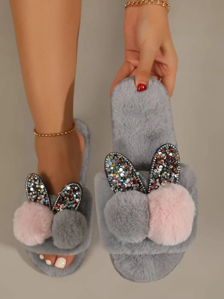 WOMEN GRAY POM POM BUNNY EAR PLUSH SLIPPERS