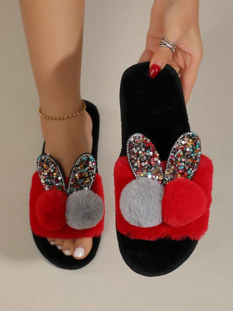 WOMEN RED POM POM BUNNY EAR PLUSH SLIPPERS