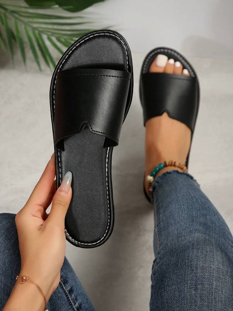 WOMEN CASUAL V CUT BLACK SLIPPERS