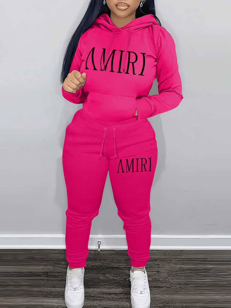 CASUAL HOODED SWEAT TWO-PIECE PANTS SET (PINK)