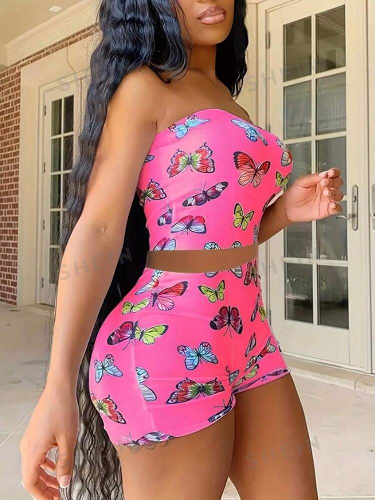 BUTTERFLY PRINT HOT PINK SHORTS SET