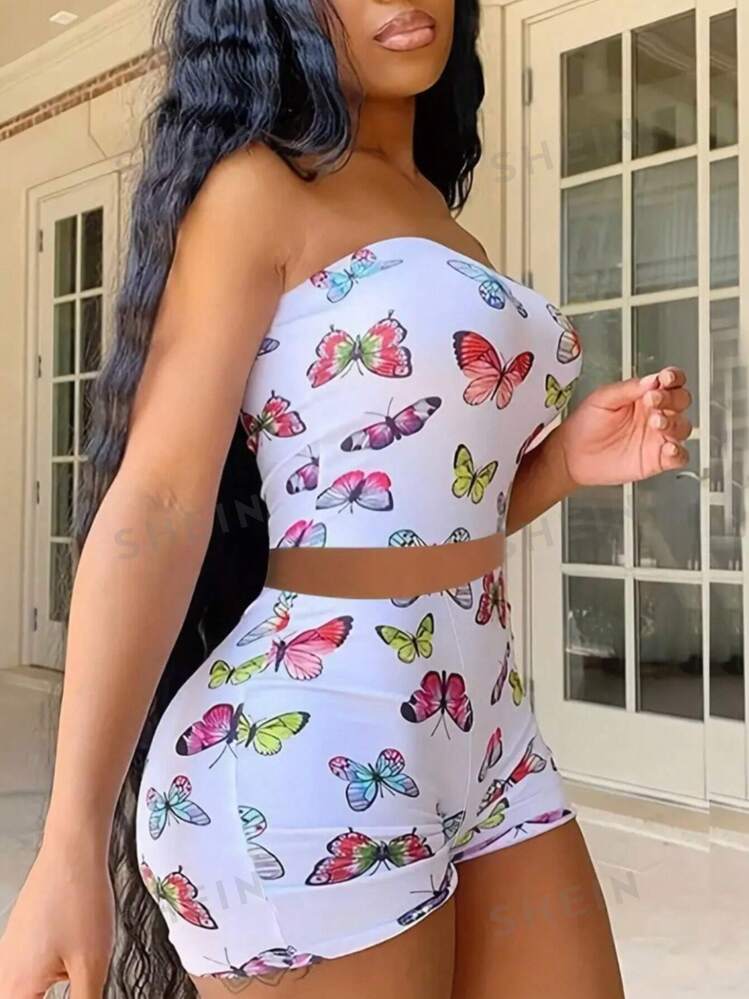 BUTTERFLY PRINT  WHITE SHORTS SET