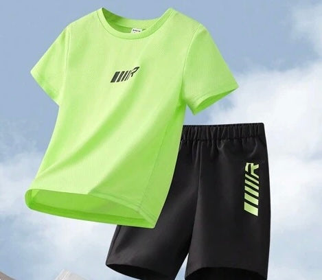 BOY'S CASUAL SPORTS PRINTED SHORT SET  (LIME GREEN)