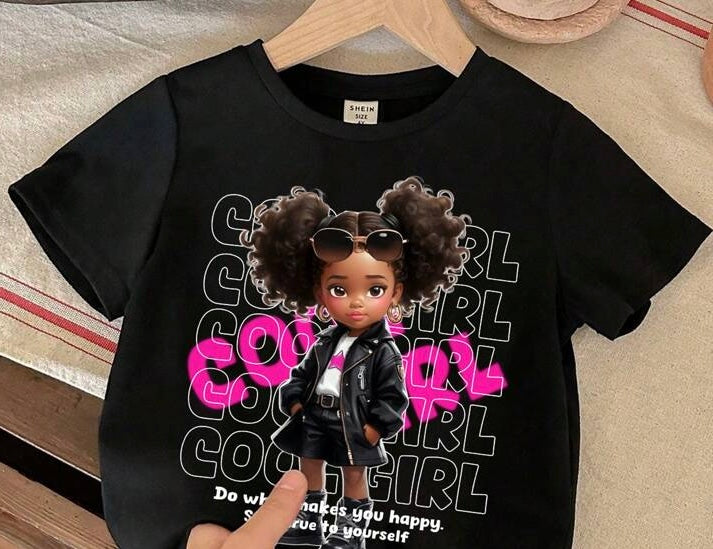 GIRLS POOF BALL BLACK T-SHIRT WITH CARTOON