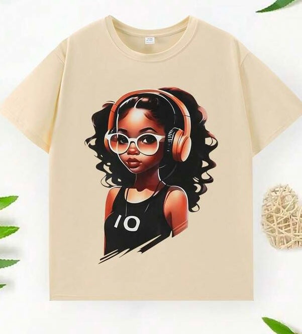 GIRLS BEIGE HEADPHONE T-SHIRT WITH CARTOON