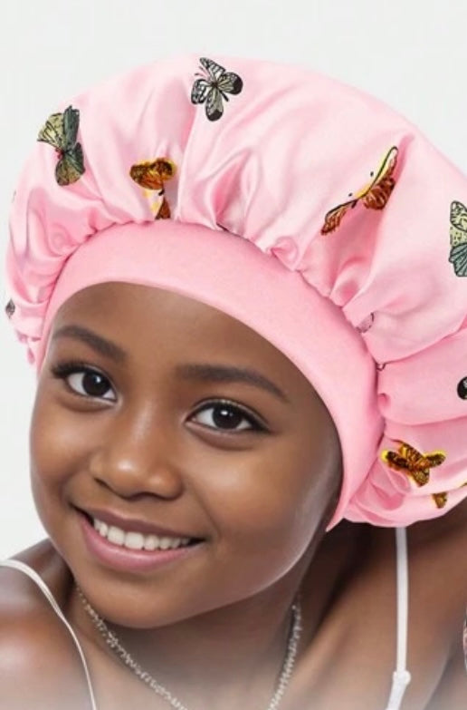 KIDS PINK BUTTERFLY PRINTED BONNET