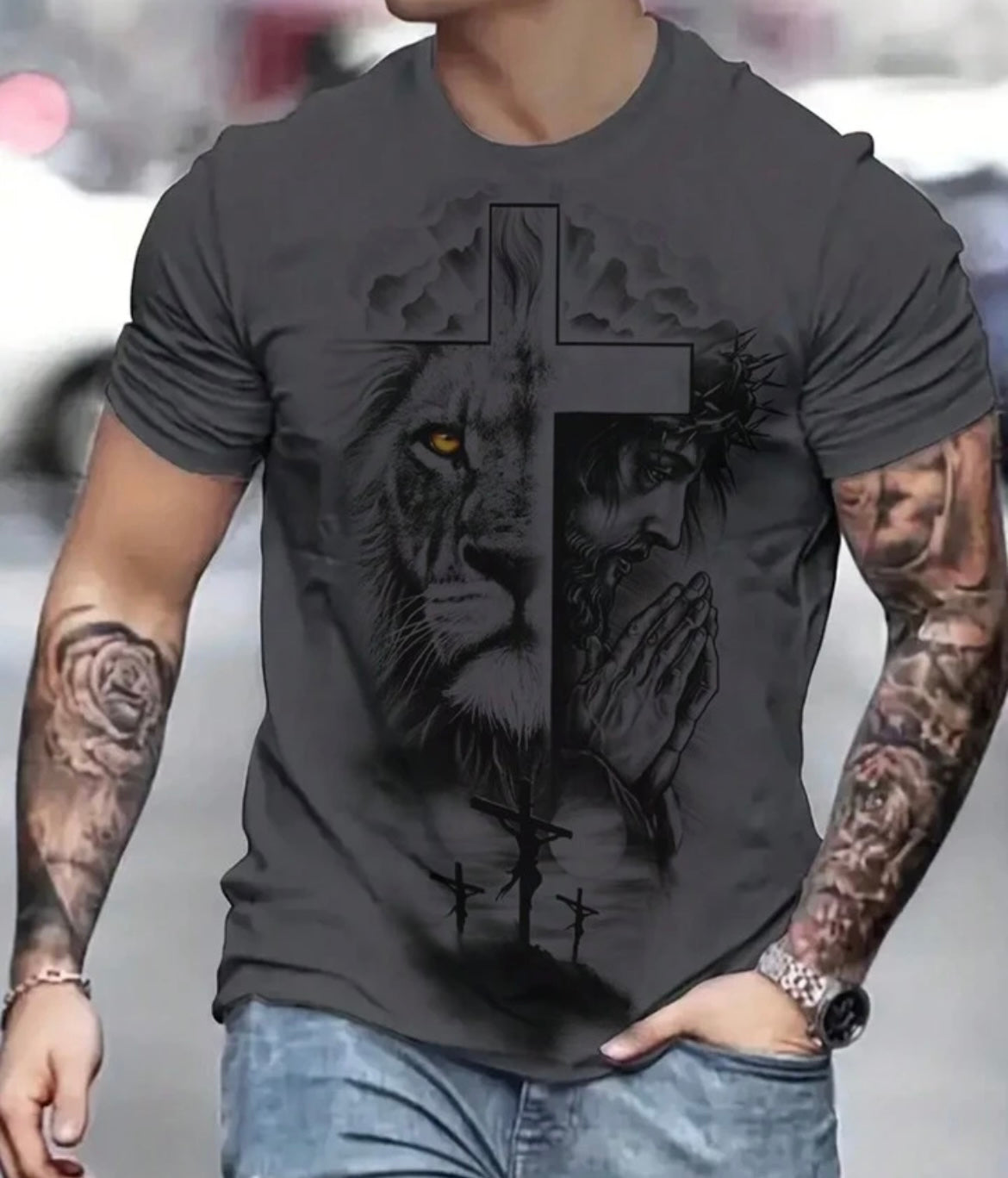 MENS LION & CROSS T-SHIRT