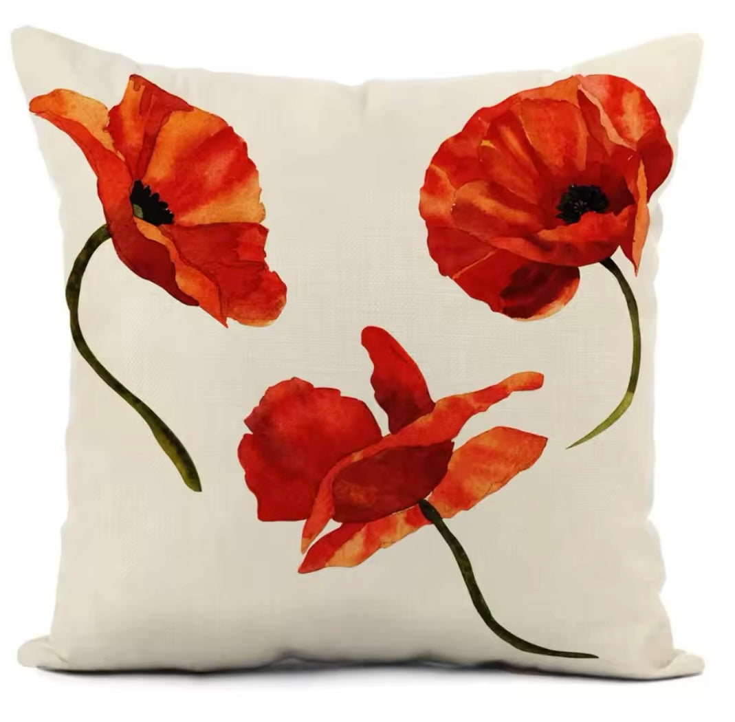 POPPY FLOWER THROW PILLOW CASE (ONLY) SET OF 2