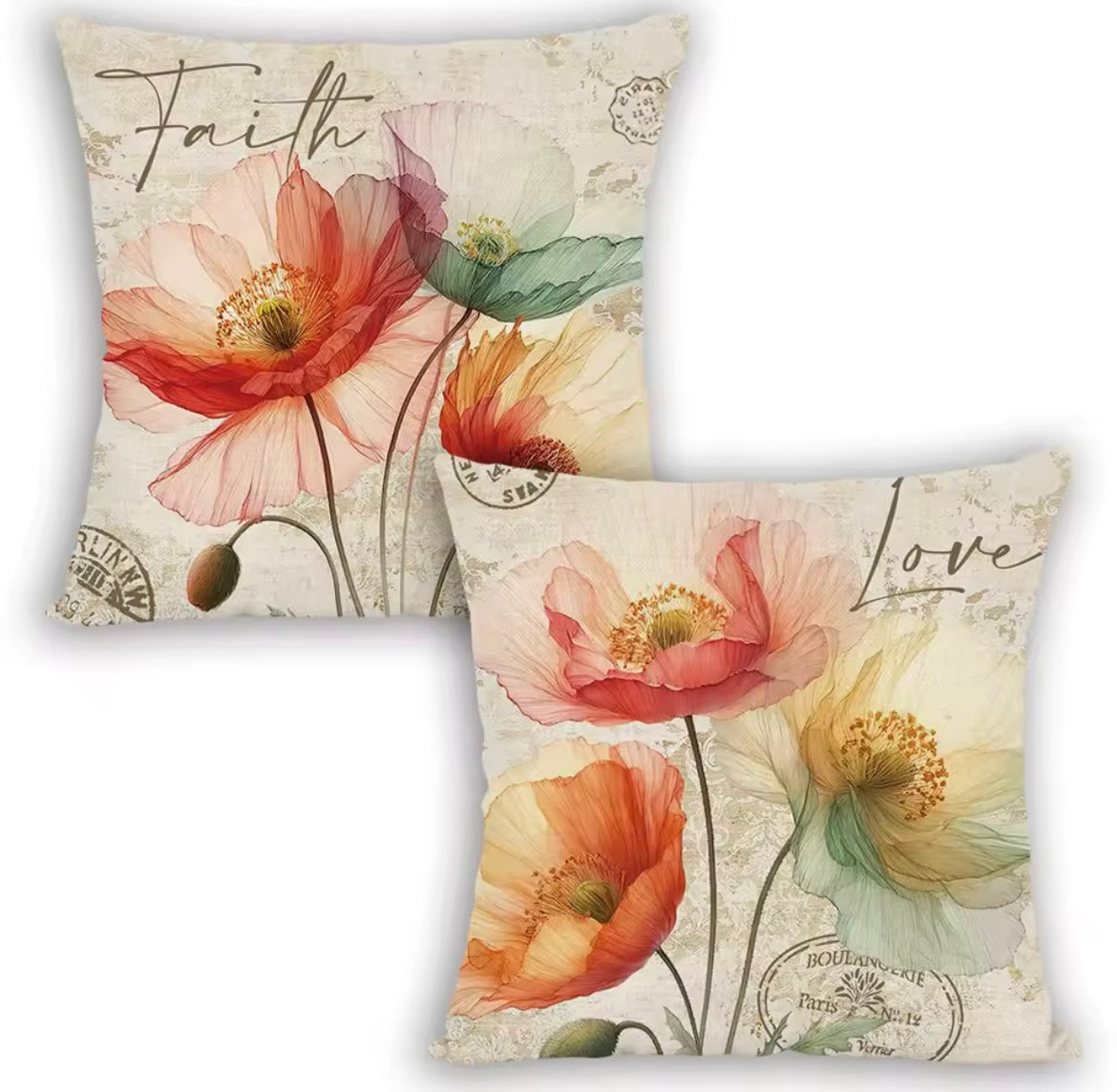 LOVE & FAITH WATER COLOR THROW PILLOW CASE (ONLY) SET OF 2