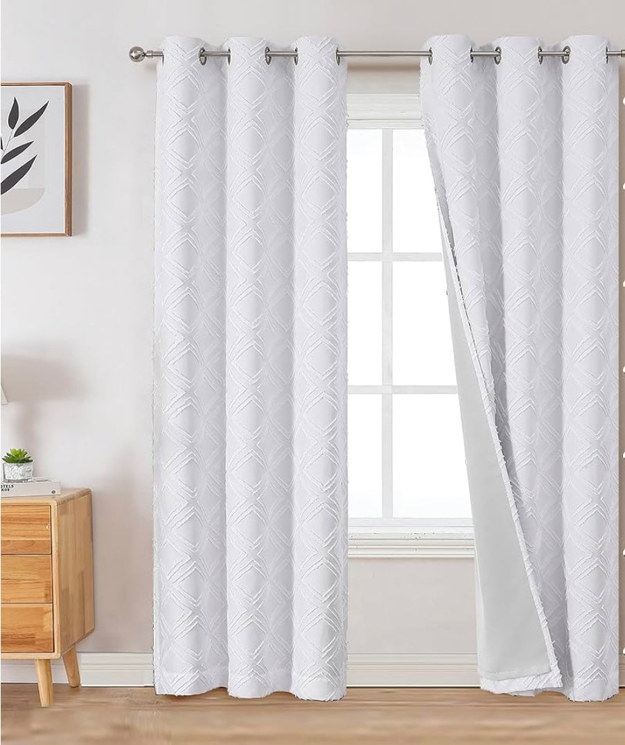 2 PCS WHITE JACQUARD BLACK OUT CURTAINS "42 WIDE X 84" LONG