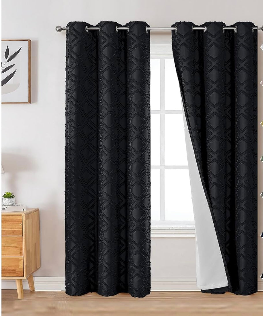 2 PCS BLACK JACQUARD BLACK OUT CURTAINS "42 WIDE X 84" LONG