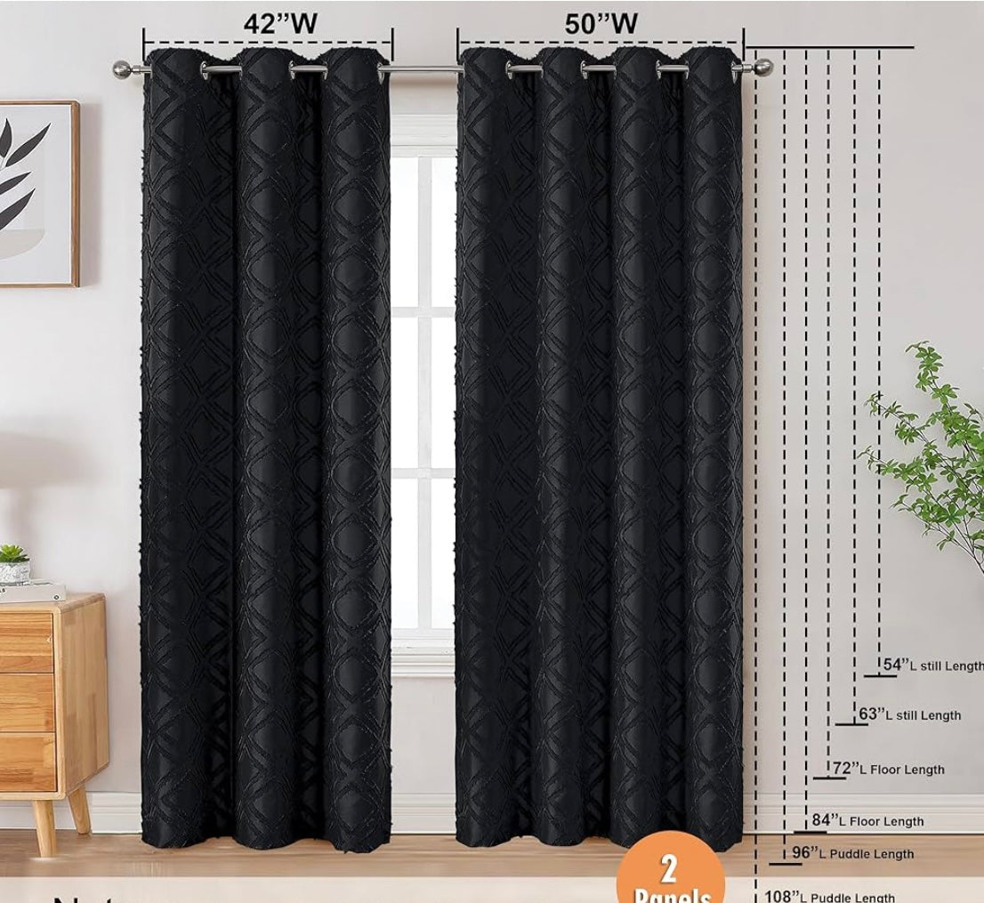 2 PCS BLACK JACQUARD BLACK OUT CURTAINS "42 WIDE X 84" LONG