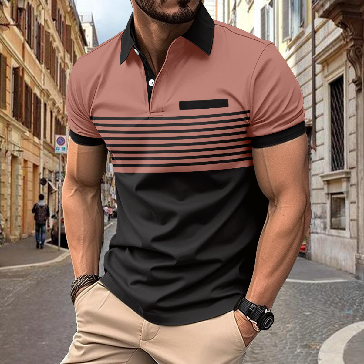 Men's Casual Striped Shirt With Chest Pocket