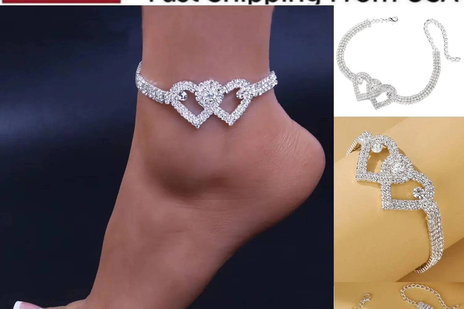 Double Heart Anklet Bracelet Love Barefoot Chain Bling Crystal Ankle Bracelet US